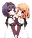  aikawa_ryou blush brown_eyes brown_hair cheek_pinching furutani_himawari hair_ornament hairband hairclip hand_holding holding_hands looking_at_viewer multiple_girls oomuro_sakurako pinching purple_hair simple_background sweatdrop white_background yuru_yuri 