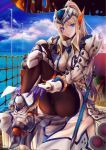  1girl absurdres armor barioth_(armor) black_legwear blonde_hair blue_eyes blue_sky boots breasts brown_legwear cloud clouds dressing female highres kizuki_aruchu long_hair looking_at_viewer monster_hunter monster_hunter_3_g panties panties_under_pantyhose pantyhose parted_lips pauldrons ponytail sitting sky solo sword thigh_strap underwear water weapon 