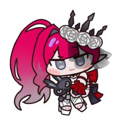  1girl :3 baobhan_sith_(fate) baobhan_sith_(swimsuit_pretender)_(third_ascension)_(fate) chibi commentary_request fate/grand_order fate_(series) grey_eyes kanya_1111 korean_commentary long_hair looking_at_viewer pink_hair pointy_ears side_ponytail solo stuffed_animal stuffed_rabbit stuffed_toy tiara veil 