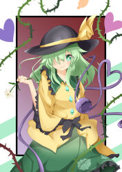  >:) 1girl absurdres black_bow black_hat blush border bow bright_pupils buttons clenched_hand closed_mouth commentary cowboy_shot diamond_button floral_print floral_print_skirt flower frilled_shirt_collar frilled_skirt frilled_sleeves frills green_eyes green_hair green_skirt hair_over_one_eye hand_up hat hat_ribbon heart heart_of_string highres holding holding_flower hopeless_masquerade komeiji_koishi long_sleeves looking_at_viewer medium_hair one_eye_covered outside_border print_skirt red_background ribbon rose_print shirt simple_background skirt smile solo sun_hat third_eye thorns touhou v-shaped_eyebrows white_border white_flower white_pupils wide_sleeves yellow_ribbon yellow_shirt yuyunatsuki 