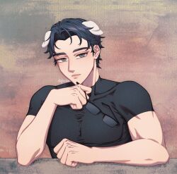  1boy animal_ears black_hair black_shirt brian_griffin closed_mouth dog_boy dog_ears family_guy glasses grey_eyes highres holding holding_removed_eyewear humanization looking_at_viewer male_focus rkgkrabu shirt short_hair solo toned toned_male unworn_eyewear very_short_hair 