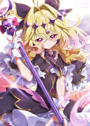  1girl absurdres antenna_hair black_bow black_bowtie black_capelet black_dress blonde_hair blush bow bowtie brooch capelet commentary_request crossed_bangs cure_arcana_shadow dotori_(seulseul) dress earrings frilled_dress frills gem gradient_hair hair_between_eyes hair_bow hair_intakes heart highres holding holding_staff jewelry long_hair looking_at_viewer meitantei_precure! moria_luluka multicolored_hair nail_polish parted_lips pink_eyes precure purple_capelet purple_gem purple_nails solo staff white_background wrist_cuffs 