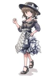  1girl alternate_costume asymmetrical_hair black_hat black_shirt black_slippers blush bow brown_eyes brown_hair closed_mouth collarbone commentary_request hand_on_own_hip hat hat_bow medium_hair minus_(sr_mineka) shirt simple_background skirt slippers smile solo touhou usami_renko white_background white_bow white_skirt 