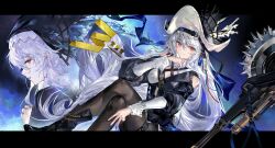  1girl absurdres arknights bare_shoulders black_dress black_hat black_pantyhose black_veil chiaspicy circular_saw commentary_request detached_sleeves dress hair_between_eyes hat highres long_hair looking_at_viewer nun nun_headdress pantyhose profile red_eyes saw solo specter_(arknights) specter_the_unchained_(arknights) veil white_hair 
