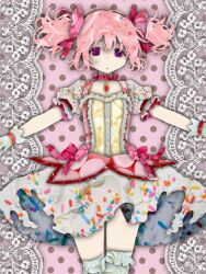  1girl artist_name bow bow_choker bubble_skirt center_frills choker collage_(medium) colored_eyebrows commentary cowboy_shot dessert dress english_commentary flat_chest floating_hair food food-themed_clothes frilled_skirt frilled_sleeves frilled_socks frills gloves hair_between_eyes hair_bow hair_sprinkles highres kaname_madoka kaname_madoka_(magical_girl) lace_background looking_at_viewer magical_girl mahou_shoujo_madoka_magica mahou_shoujo_madoka_magica_(anime) nose open_mouth outstretched_arms paper_cutout_(medium) papercraft_(medium) patterned_background pink_background pink_bow pink_dress pink_hair pink_theme polka_dot polka_dot_background puffy_short_sleeves puffy_sleeves red_bow red_choker short_sleeves short_twintails signature skirt skirt_bow skirt_under_dress socks solo soul_gem sprinkles square_neckline standing tareme twintails unconventional_media waist_bow white_gloves white_skirt white_sleeves white_socks yuno-is-overit 