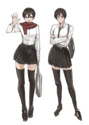  2girls black_hair burn_scar highres jujutsu_kaisen linkim mikasa_ackerman multiple_girls red_scarf scar scar_on_cheek scar_on_face scarf scars_all_over school_uniform shingeki_no_kyojin short_hair zen'in_maki 