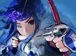  1girl ainu ainu_clothes asirpa bandana blue_bandana bow_(weapon) cape cloak commentary_request fur_cape fur_cloak golden_kamuy hat headband highres kepi military_hat poeeeeda purple_headband solo weapon 