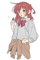 1girl ;o ahoge arm_up blue_skirt blush bocchi_the_rock! bow bowtie brown_jacket censored collared_shirt cropped_legs dayama green_eyes hair_between_eyes hair_intakes hand_on_hip hand_on_own_hip hekihasa highres jacket jacket_around_waist kita_ikuyo long_sleeves looking_at_viewer middle_finger one_eye_closed open_mouth ponytail purple_bow purple_bowtie red_bow red_bowtie red_hair redhead school_uniform short_hair skirt solo star_(symbol) striped_bow striped_bowtie white_background white_shirt