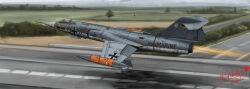  1other 99_luftballons afterburner aircraft airplane anchor_symbol blurry blurry_background bush canopy_(aircraft) chinese_commentary commentary cross day dr-arche english_commentary f-104_starfighter fighter_jet flight_suit german_flag grass grey_sky helmet highres hill iron_cross landing_gear marineflieger military military_vehicle mixed-language_commentary multilingual_commentary original outdoors pilot pilot_helmet roundel runway shadow signature sky takeoff tree vehicle_focus 