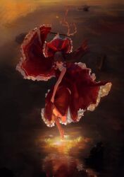  1girl absurdres barefoot bow brown_hair commentary_request gohei hair_bow hakurei_reimu highres holding holding_gohei holding_own_skirt japanese_clothes kimono kukuzero_neko long_hair miko necktie red_bow red_kimono single_sleeve solo touhou wading wide_sleeves yellow_necktie 