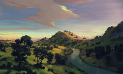  absurdres blue_sky bush clouds commentary day english_commentary gradient_sky grass highres hill landscape no_humans original outdoors painterly painting_(medium) philipp_urlich river scenery sky sunlight traditional_media tree water yellow_sky 
