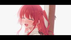  1girl blush bocchi_the_rock! closed_eyes facing_viewer highres instrument_case kita_ikuyo letterboxed mikazuchi_zeus one_side_up open_mouth red_hair school_uniform shuka_high_school_uniform sidelocks simple_background smile solo white_background 
