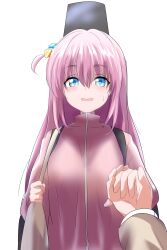 2girls absurdres blonde_hair blue_eyes blush bocchi_the_rock! commentary cube_hair_ornament female_pov gotoh_hitori guitar_case hair_between_eyes hair_ornament highres hikkub instrument_case jacket kita_ikuyo long_hair long_sleeves looking_at_viewer multiple_girls nervous_smile one_side_up open_mouth pink_jacket pov pov_hands sidelocks simple_background smile solo_focus straight-on straight_hair sweatdrop track_jacket upper_body very_long_hair white_background 