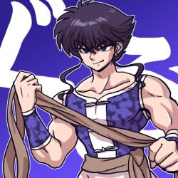  1boy blue_background blue_eyes blue_wrist_cuffs chinese_clothes holding male_focus muscular muscular_male pantyhose_tarou ranma_1/2 short_hair_with_long_locks smile solo translation_request wanta_(futoshi) wrist_cuffs 