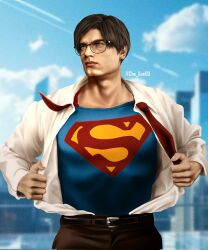  1boy bespectacled blue_eyes blue_shirt brown_hair che_sue00 cityscape clothes_pull cosplay cowboy_shot dc_comics glasses highres leon_s._kennedy looking_to_the_side male_focus realistic resident_evil serious shirt shirt_pull short_hair solo superman superman_(cosplay) superman_logo undershirt white_shirt 