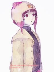  1girl black_sweater brown_eyes brown_hair hair_ornament hairclip hat iwakura_lain jacket long_sleeves open_mouth pale_skin serial_experiments_lain short_hair single_sidelock solo sweater turtleneck turtleneck_sweater twitter_username white_background x_hair_ornament y06912080 