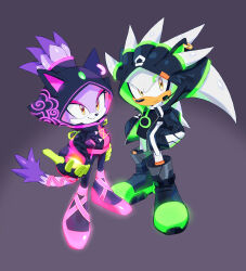  1boy 1girl absurdres animal_ears black_jacket blaze_the_cat cat_ears cat_girl cat_tail full_body furry furry_female furry_male grey_background hands_in_pockets hedgehog_boy highres hood hooded_jacket jacket light_frown looking_at_viewer neon_suit_blaze neon_suit_silver neon_trim official_alternate_costume purple_fur ririkuma0530 silver_the_hedgehog simple_background smile sonic_(series) sonic_rumble standing tail windbreaker yellow_eyes 