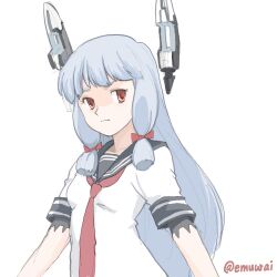  1girl black_sailor_collar blunt_bangs blunt_tresses dress emuwai floating_headgear grey_hair hair_ribbon headgear kantai_collection long_hair looking_at_viewer murakumo_(kancolle) neckerchief one-hour_drawing_challenge orange_eyes red_neckerchief ribbon sailor_collar sailor_dress short_eyebrows simple_background solo tress_ribbon twitter_username upper_body white_background white_dress 