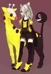  1girl artist_request bad_id blonde_hair brown_background double_bun girafarig personification pokemon pokemon_(creature) smile 