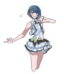  1girl bare_arms bare_legs belt black_ribbon blue_eyes blue_hair blue_nails blush bracelet buttons clover_brooch collared_shirt contrast_lapels cowboy_shot cropped_legs dot_nose ena_25ji feather_hair_ornament feathers gold_bracelet grin hair_ornament hand_on_own_shoulder hand_up highres idol idol_clothes jewelry kiritani_haruka lapels layered_skirt looking_at_viewer midriff_peek miniskirt multiple_bracelets nail_polish neck_ribbon notched_lapels open_clothes open_vest piano_print pleated_skirt project_sekai ribbon shirt short_hair simple_background skirt sleeveless sleeveless_shirt smile solo untucked_shirt vest white_background white_shirt white_skirt white_vest yellow_belt 