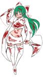  1girl blood bloody_clothes bloody_knife boots bow breasts crop_top dual_wielding garter_straps green_hair hair_bow knife long_coat long_hair midriff purple_eyes skirt thigh-highs thigh_boots thighhighs violet_eyes yurikawa_saki zombie zombie-ya_reiko 