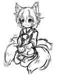  animal_ears arceonn cat cat_on_lap chen chen_(cat) fox_ears fox_tail greyscale monochrome multiple_tails seiza short_hair sitting solo tail touhou yakumo_ran young 