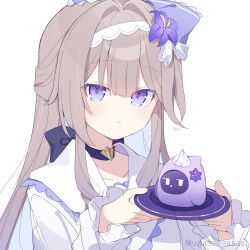  1girl brown_hair choker closed_mouth commentary_request dress flower frown hair_flower hair_intakes hair_ornament hairband herta_(honkai:_star_rail) herta_(puppet)_(honkai:_star_rail) herta_(puppet)_(tea_break)_(honkai:_star_rail) herta_(simulated_universe_avatar)_(honkai:_star_rail) highres holding holding_plate honkai:_star_rail honkai_(series) long_hair long_sleeves looking_at_viewer official_alternate_costume plate purple_flower simple_background solo twitter_username upper_body uwasewau violet_eyes white_background white_dress white_hairband 