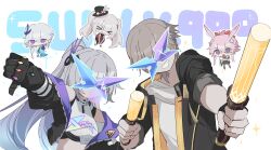  1boy 4girls absurdres black_coat black_gloves caelus_(honkai:_star_rail) chabb_nb character_request chibi coat commentary_request eyewear_on_head fingerless_gloves gloves gradient-tinted_eyewear grey_hair highres honkai:_star_rail honkai_(series) hood hooded_coat jacket korean_commentary multiple_girls open_clothes open_coat purple-tinted_eyewear shirt silver_wolf_(honkai:_star_rail) silver_wolf_(lv.999)_(honkai:_star_rail) single_mechanical_glove smile sparkle_(honkai:_star_rail) sparxie_(honkai:_star_rail) t-shirt tinted_eyewear trailblazer_(honkai:_star_rail) two-sided_coat two-sided_fabric two-sided_jacket upper_body white_background yellow_coat 