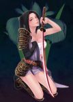  armor black_hair breasts brown_eyes final_fantasy final_fantasy_xi highres hume japanese_clothes katana kneeling lips looking_at_viewer ponytail samurai sarashi solo sword takatsuki_kahiro undressing weapon 