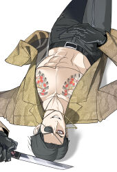  1boy abs black_gloves black_hair black_pants eyepatch facial_hair gloves goatee grin highres irezumi jacket jewelry leather leather_gloves leather_pants looking_up lying majima_goro male_focus necklace on_back one-eyed open_clothes open_jacket pants rrrr0000_0 ryuu_ga_gotoku_(series) ryuu_ga_gotoku_1 short_sword smile snake_print solo sword tantou tattoo weapon yakuza 