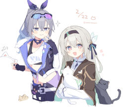  2girls animal animal_ears black_cat black_hairband blush cat cat_ears commentary_request cropped_jacket dated drill_hair drill_ponytail eyewear_on_head firefly_(honkai:_star_rail) frilled_sleeves frills fur-trimmed_jacket fur_trim grey_hair hair_between_eyes hair_intakes hair_ornament hair_ribbon hairband highres holding holding_animal holding_cat holding_hairband honkai:_star_rail honkai_(series) jacket long_sleeves multicolored_hair multiple_girls open_mouth ponytail ribbon silver_wolf_(honkai:_star_rail) simple_background single_drill smirk teeth tinted_eyewear twitter_username uwasewau white_background 
