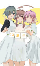  ahoge alternate_costume anniversary black_shirt blue_dress brown_eyes brown_hair commentary_request criss-cross_halter dress eyepatch green_hair halterneck highres huge_ahoge kantai_collection kiso_(kancolle) kuma_(kancolle) orange_eyes pink_hair red_eyes shirt short_hair sirakane_(tigo5115) tama_(kancolle) 