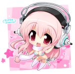  breasts checkered checkered_background chibi cleavage hahifuhe headphones heart navel nitroplus open_mouth pink_hair red_eyes scarf side-tie_bikini star striped striped_bikini striped_swimsuit super_sonico swimsuit thigh-highs thighhighs white_legwear 
