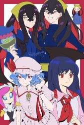  4girls artist_name bat_wings black_hair blue_eyes blue_hair blue_jacket blue_kimono blue_pants blue_sweater blueberry_academy_school_uniform border bow brooch carmine_(pokemon) character_request closed_mouth colored_inner_hair colored_skin commentary crossed_bangs frilled_shirt frills gem gloves grin hair_between_eyes hair_ornament hairband hairclip hand_in_own_hair hand_on_own_hip hat hat_bow highres holding holding_mask jacket japanese_clothes jewelry kimono kirby:_planet_robobot kirby_(series) long_hair long_sleeves looking_at_viewer mask mob_cap mole mole_under_eye multicolored_hair multiple_girls multiple_views no_mouth open_mouth outside_border pants pink_hair pink_hat pink_shirt pink_skirt pokemon pokemon_scarlet_and_violet rayman_limbs red_border red_bow red_eyes red_hair red_ribbon remilia_scarlet ribbon school_uniform shirt skirt smile susie_(kirby) sweater touhou two-tone_hair white_background white_skin wings yao_(evep3835) yellow_eyes yellow_gem yellow_gloves yellow_hairband 