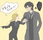  1girl ahoge black_eyes black_gloves black_hair blonde_hair cigarette emiya_kiritsugu facial_hair fate/zero fate_(series) flat_color formal gloves green_eyes long_hair mmm_(xbit) necktie pant_suit pointing ponytail saber simple_background stubble suit translated 