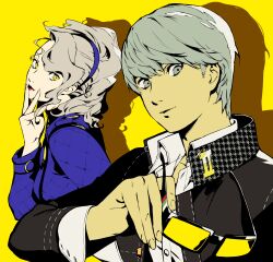  1boy 1girl absurdres asdf_4532 asymmetrical_hair black-framed_eyewear black_jacket blonde_hair blue_dress blue_hairband breasts closed_mouth collarbone collared_jacket collared_shirt commentary dress drop_shadow glasses grey_eyes grey_hair hairband hand_on_own_chin highres holding holding_removed_eyewear houndstooth jacket lipstick looking_at_viewer makeup male_focus margaret_(persona) narukami_yu open_collar persona persona_4 red_lips school_uniform shirt short_hair simple_background smile tinted_eyewear untranslatable_commentary unworn_eyewear upper_body wavy_hair white_shirt wing_collar yasogami_school_uniform yellow-tinted_eyewear yellow_background yellow_eyes 