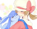  1girl blush brown_hair closed_eyes glaceon hat hug kotone_(pokemon) pegumin pokemon pokemon_(creature) pokemon_(game) pokemon_hgss smile twintails 