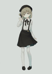  104_(luins104) 1girl beret black_hat black_ribbon black_shoes black_skirt brown_eyes brown_hair collared_shirt commentary_request expressionless full_body grey_background hair_rings hand_up hat hatoba_tsugu highres loafers long_sleeves looking_at_viewer mole mole_under_eye neck_ribbon open_hand pantyhose ribbon shirt shirt_tucked_in shoes short_hair simple_background single_hair_ring skirt solo standing suspender_skirt suspenders tsugu_(vtuber) virtual_youtuber white_pantyhose white_shirt 