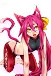  all_fours animal_ears barefoot blazblue cat_ears gin_com glasses kokonoe pink_hair solo tail tongue yellow_eyes 