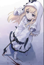  1girl artist_name axe blonde_hair blood blood_on_clothes blood_on_face blood_on_weapon blood_splatter commentary_request dress frilled_dress frills full_body hikami_meruru holding holding_axe kotetsu_080 long_hair long_sleeves looking_at_viewer mahou_shoujo_no_majo_saiban own_hands_together solo spoilers standing veil weapon white_dress white_veil 