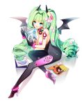  aqua_eyes barcode bare_shoulders bodysuit breasts cherrypin cleavage drill_hair green_hair high_heels long_hair magazine open_mouth original reading shoes solo tattoo twintails wings 