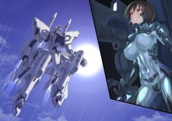  1girl armored_bodysuit azumanga_daioh bodysuit brown_eyes brown_hair cv904 fortified_suit highres impossible_bodysuit impossible_clothes impossible_leotard kagura_(azumanga_daioh) leotard mecha_pilot_suit mig-25 muv-luv muv-luv_alternative neinneinnein short_hair skin_tight solo tactical_surface_fighter 