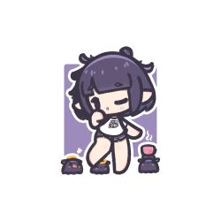  1girl ;o barefoot blunt_bangs blush border chibi chibi_only commentary decrilus english_commentary full_body hand_up highres hololive hololive_english ninomae_ina'nis ninomae_ina'nis_(loungewear) one_eye_closed open_mouth outline outside_border pointy_ears purple_background purple_hair purple_shorts shirt short_hair short_shorts short_sleeves shorts sidelocks simple_background solo standing standing_on_one_leg takodachi_(ninomae_ina'nis) virtual_youtuber white_border white_outline white_shirt 