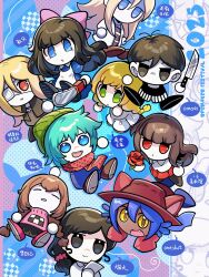  1other 2025 2boys 6+girls androgynous antenna_hair aqua_hair aya_drevis beanie black_eyes black_hair black_shorts black_skirt black_tank_top blonde_hair blue_dress blue_eyes blue_hair blunt_bangs blush bow braid brown_hair brown_hat chainsaw character_counter_request character_name chibi chibi_only chinese_text closed_eyes closed_mouth colored_sclera colored_skin commentary copyright_name copyright_request double-parted_bangs dress eyepatch fang green_eyes green_hat hair_bow hat highres hiyori_sou holding holding_chainsaw holding_knife ib_(ib) ib_(kouri) kimi_ga_shine knife long_hair long_sidelocks looking_at_viewer low_twin_braids mad_father madotsuki medical_eyepatch multiple_boys multiple_girls niko_(oneshot) no_mouth omori omori_(omori) oneshot_(game) open_mouth parted_lips pink_bow pleated_skirt rachel_gardner red_sweater satsuriku_no_tenshi scarf short_hair shorts sidelocks skirt smile speech_bubble striped_clothes striped_shorts sweater tank_top thought_bubble translation_request twin_braids two-tone_shorts vertical-striped_clothes vertical-striped_shorts white_shorts white_skin yellow_sclera yume_nikki zs_zealsummer 