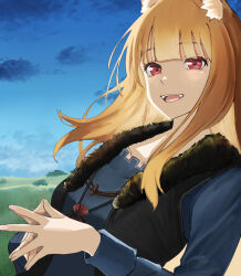  1girl :d animal_ear_fluff animal_ears black_vest blue_shirt blue_sky blunt_bangs breasts brown_hair clouds collarbone commentary day foliage from_side fur-trimmed_vest fur_trim grass hair_over_shoulder highres hill holo leaning_back long_hair long_sleeves looking_at_viewer makitekka neck_pouch open_mouth outdoors own_hands_together pouch red_eyes shirt sky small_breasts smile solo spice_and_wolf spread_fingers steepled_fingers teeth toggles upper_body upper_teeth_only vest wind wolf_ears wolf_girl 