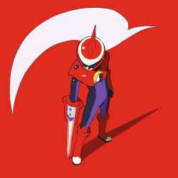  1boy arm_blade armor energy_sword full_body grey_hair helmet highres long_hair male_focus mega_man_(series) mega_man_battle_network_(series) netnavi noro_zt protoman.exe red_armor red_helmet simple_background solo standing sword weapon 