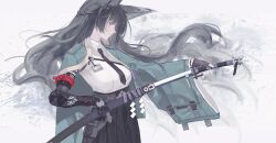  1girl absurdres animal_ear_fluff animal_ears aqua_jacket arm_out_of_sleeve black_gloves black_hair black_necktie black_skirt breasts closed_mouth fingerless_gloves floating_hair fox_ears fox_girl gauntlets gloves grey_background high-waist_skirt highres holding holding_sword holding_weapon hoshimi_miyabi jacket katana long_hair medium_breasts necktie red_eyes sheath shirt single_fingerless_glove single_gauntlet skirt solo sword unsheathing weapon white_shirt yaoyao_(yoyo27456335489) zenless_zone_zero 