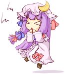  &gt;_&lt; :&lt; chibi crescent dress hands_to_mouth hat long_hair natsuki_(silent_selena) patchouli_knowledge purple_hair solo touhou white_background 