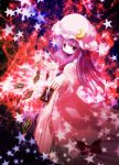  bow capelet card crescent dress hair_bow hat long_hair open_mouth patchouli_knowledge purple_eyes purple_hair solo star touhou violet_eyes yukitokaze 