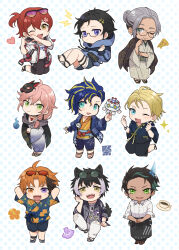  6+boys ;) ;d absurdres ahoge animal_ears apron aqua_eyes aragami_oga aragami_oga_(3rd_costume) arms_behind_head arurandeisu arurandeisu_(old_design) astel_leda astel_leda_(old_design) bangs_pinned_back black_apron black_hair black_pants black_shirt black_shorts blonde_hair blonde_streaks blue_hair blue_hoodie blue_pants brown_kimono capri_pants chibi chibi_only coffee_mug collared_shirt commentary_request cup dark-skinned_male dark_skin denim denim_shorts dog_tags double_finger_heart eyewear_on_head fang finger_heart floral_print flower food fox_mask geta glasses green-tinted_eyewear green_eyes green_streaks grey_hair grey_kimono grey_shirt hair_bun hair_flower hair_ornament hairclip hanasaki_miyabi hanasaki_miyabi_(3rd_costume) happi heart heart_hands heterochromia hibiscus highres hitodama holostars hood hooded_jacket hoodie horns ice_horns jackal_boy jackal_ears jackal_tail jacket japanese_clothes jewelry jinbei_(clothes) kageyama_shien kageyama_shien_(3rd_costume) kanade_izuru kanade_izuru_(3rd_costume) kimono kimono_on_shoulders kishido_temma kishido_temma_(2nd_costume) light_blush lightning_bolt_hair_ornament lightning_bolt_symbol low_ponytail male_focus mask mask_on_head medium_hair mioto_(tsubsq_m) mole mole_under_eye mug multicolored_hair multiple_boys necklace nejiri_hachimaki nekoyama_shien official_alternate_costume one_eye_closed one_side_up open_mouth orange_eyes orange_hair orange_kimono pants parted_bangs pink_flower pink_hair pizza polka_dot polka_dot_background ponytail poruneu print_kimono purple-tinted_eyewear red-tinted_eyewear red_hair rikka_(3rd_costume)_(holostars) rikka_(holostars) round_eyewear sandals scarf seashell shell shirt shirt_under_shirt shorts single_horn skin_fang smile sparkle streaked_hair sunglasses tail thigh_strap tinted_eyewear torn_clothes torn_pants virtual_youtuber waist_apron waiter white_jacket white_kimono white_pants white_shirt yellow_eyes yukata yukoku_roberu yukoku_roberu_(2nd_costume) 